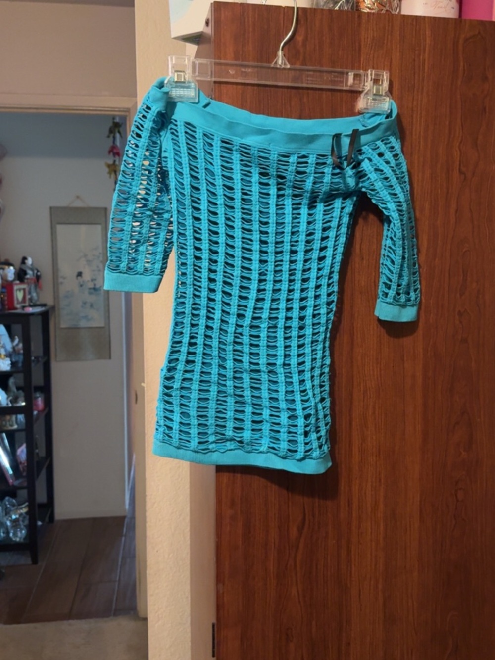 bebe Turquoise Open-Weave Off-Shoulder Knit Top